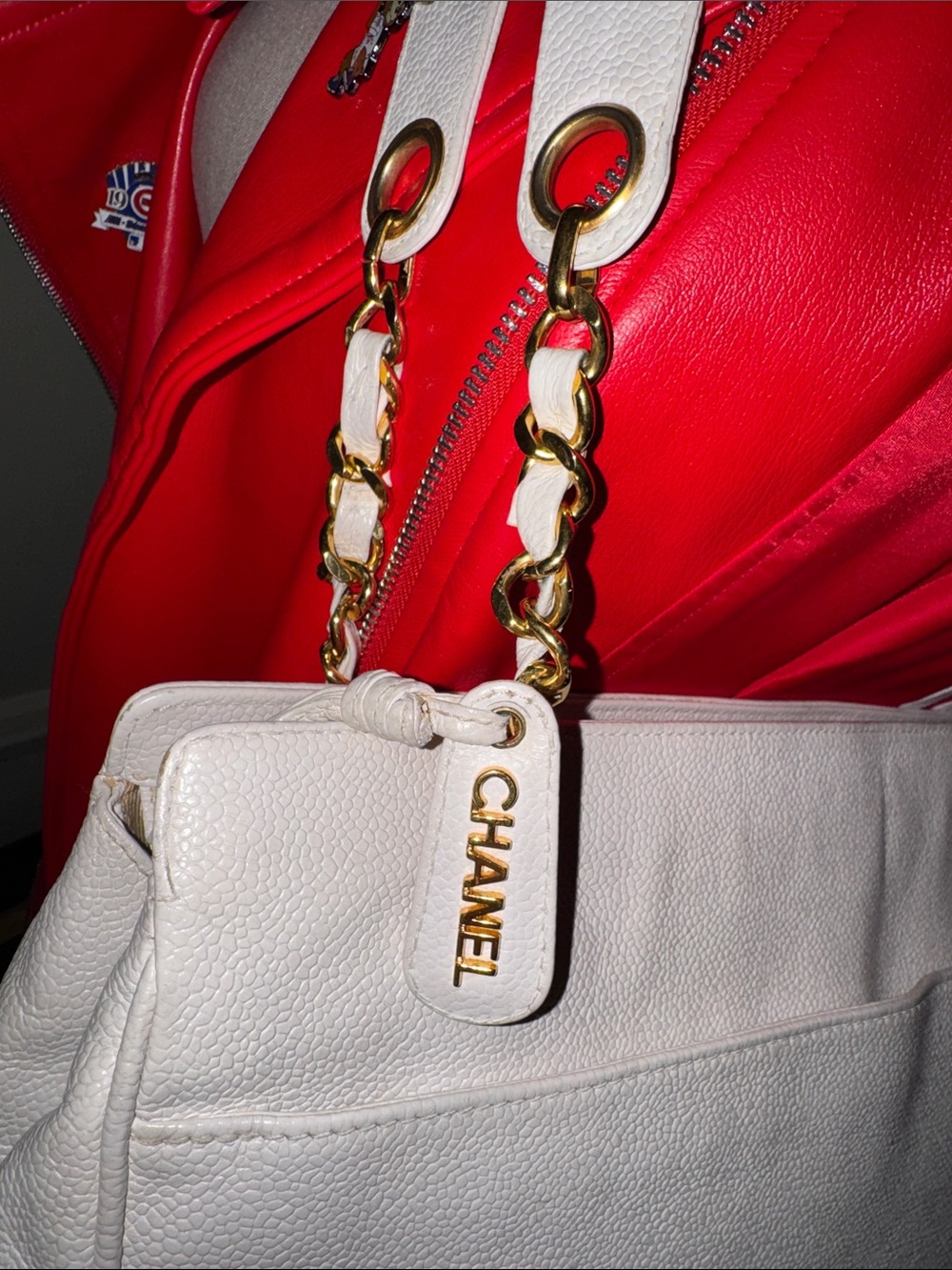 CHANEL XL Vintage Triple CC White Leather Shoulder Tote Bag Purse Gold Chain